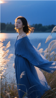 日暮黄昏蓝色调户外人像写实摄影图片