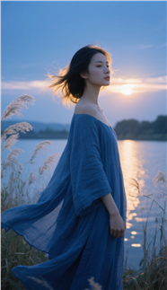 傍晚时分站在湖边的美女图片