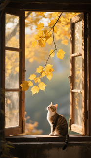 秋天站在窗台上的小猫咪图片