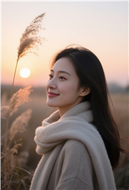 秋天黄昏夕阳芦苇丛侧颜美女写真图片