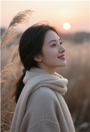 秋天日暮黄昏侧颜美女写真图片