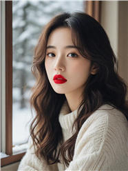 冬季窗边红唇卷发美女肖像写真图片