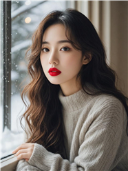 冬季窗边红唇大波浪卷发美女图片