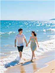 夏日海边情侣手拉手踏浪图片