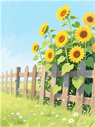 水粉画风格卡通向日葵栅栏图片