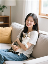 坐在沙发上抱着宠物猫的美女图片