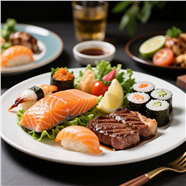 新鲜美味三文鱼寿司牛排美食图片