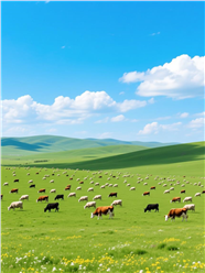 蓝天白云牛羊成群的大草原图片