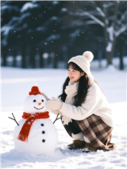 冬季雪地氛围感女孩堆雪人图片