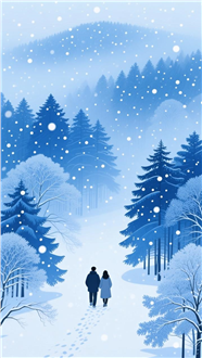 冬季蓝色雾凇情侣背影卡通插画图片