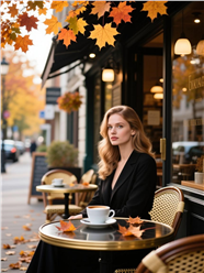 秋天街头咖啡厅美女摄影图片