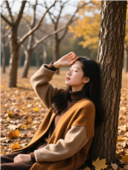 秋天倚靠在树下的美女图片