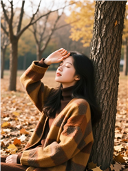 秋季树下慵懒风美女写真摄影图片