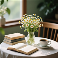 茶几桌上书籍咖啡小雏菊插花图片