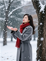 冬季雪花纷飞灰色大衣美女摄影图片