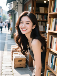 街头书店美女微笑写真摄影图片