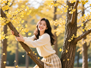 坐在银杏树上的美女图片