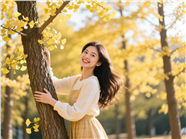 秋天银杏树林美女写真摄影图片