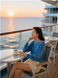 蓝色羊毛衫美女邮轮看海摄影图片