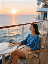 黄昏邮轮露台喝咖啡的美女图片