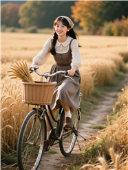 麦田骑自行车的复古连衣裙美女图片