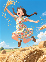 麦田碎花裙少女卡通插画图片