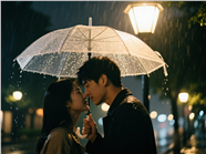 雨夜街头撑伞情侣摄影图片