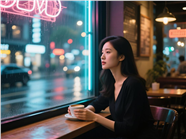 雨夜街头坐在咖啡馆窗边的美女图片