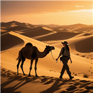 黄昏沙漠骆驼旅行美女剪影图片