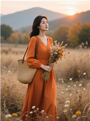 黄昏草丛橙色连衣裙美女写真图片