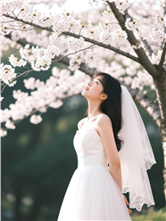 樱花树下白色婚纱美女写真图片