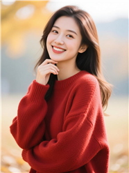 长卷发红色羊毛衣美女写真图片