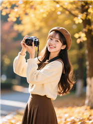 秋季手持相机摄影的美女图片