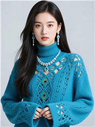 孔雀蓝色高档镂空套头宽松针织衫美女图片
