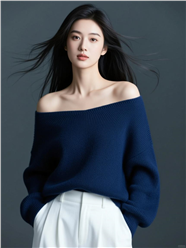 深蓝色宽松毛衣美女性感图片