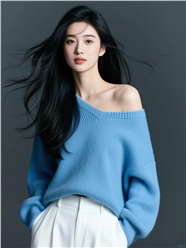 蓝色羊毛衫露肩装美女图片