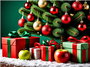 摆放在圣诞树边上的礼品图片