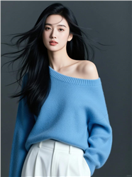 蓝色斜肩装毛衫美女写真图片