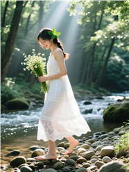 森林风白色蕾丝长裙美女写真图片