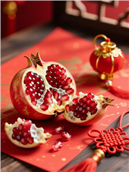 红色宣纸上的石榴摄影图片