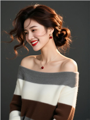 一字肩条纹毛衫性感美女图片