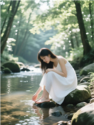 春天溪流边玩水的美女图片