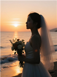 日暮黄昏手捧花美女婚纱摄影图片