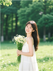 小清新草地手捧花美女写真图片