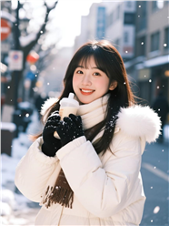 冬季街头雪花纷飞甜美女生图片