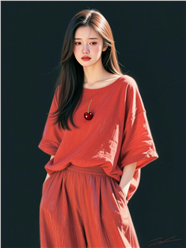 慵懒风红色棉麻套装美女图片