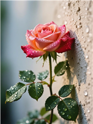 墙角带露珠的玫瑰花图片