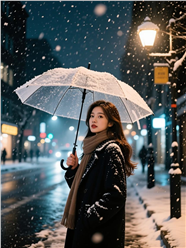 冬季下雪天夜晚街头撑伞美女图片