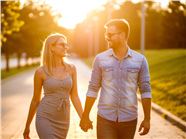 午后黄昏手牵手散步的欧美情侣图片