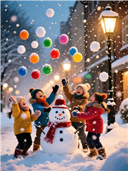 冬季雪花飞舞孩子们欢乐场景图片